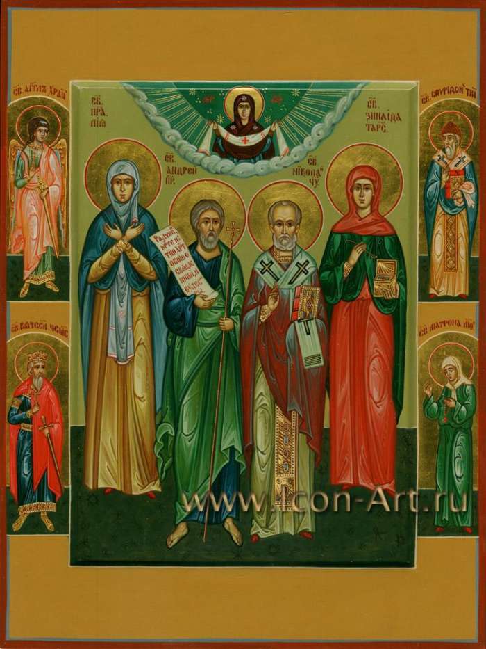 Фото: Семейная икона. Святая праведная Лия, святой ап. Андрей Первозванный, святой Николай Чудотворец, святая Зинаида Тарсийская. На полях иконы: святой Ангел Хранитель, святой Спиридон Тримифунтский, святой Вячеслав Чешский и святая Матрона Моск