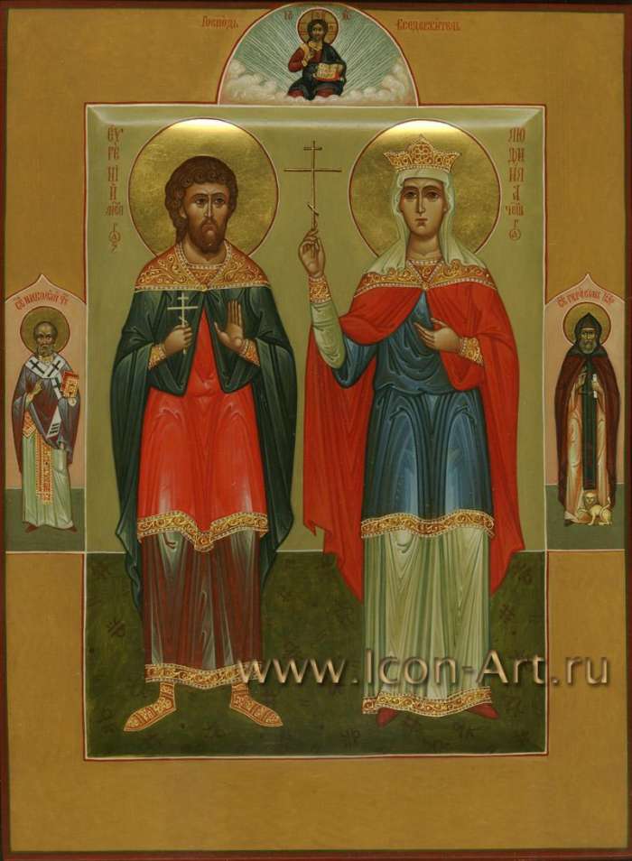 Фото: Святой Евгений Мелитинский и святая Людмила Чешская. На полях иконы: святой Николай Чудотворец и святой Герасим Иорданский.