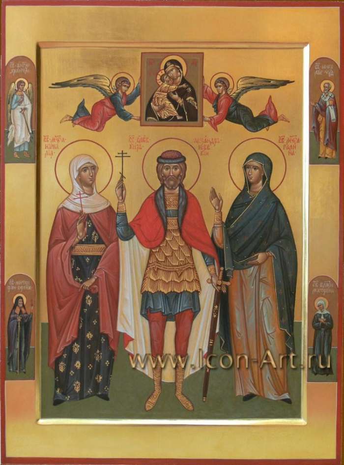 Фото: На иконе изображены:  святой блгв. князь Александр Невский, святая мц. Наталия и святая мц. Галина. На полях изображены: святой Ангел Хранитель, святой Николай Чудотворец, святой Митрофан Воронежский, святая блж. Матрона.