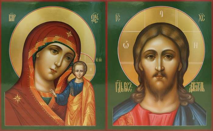 Фото: Венчальная пара с иконой Богороидцы "Казанская"