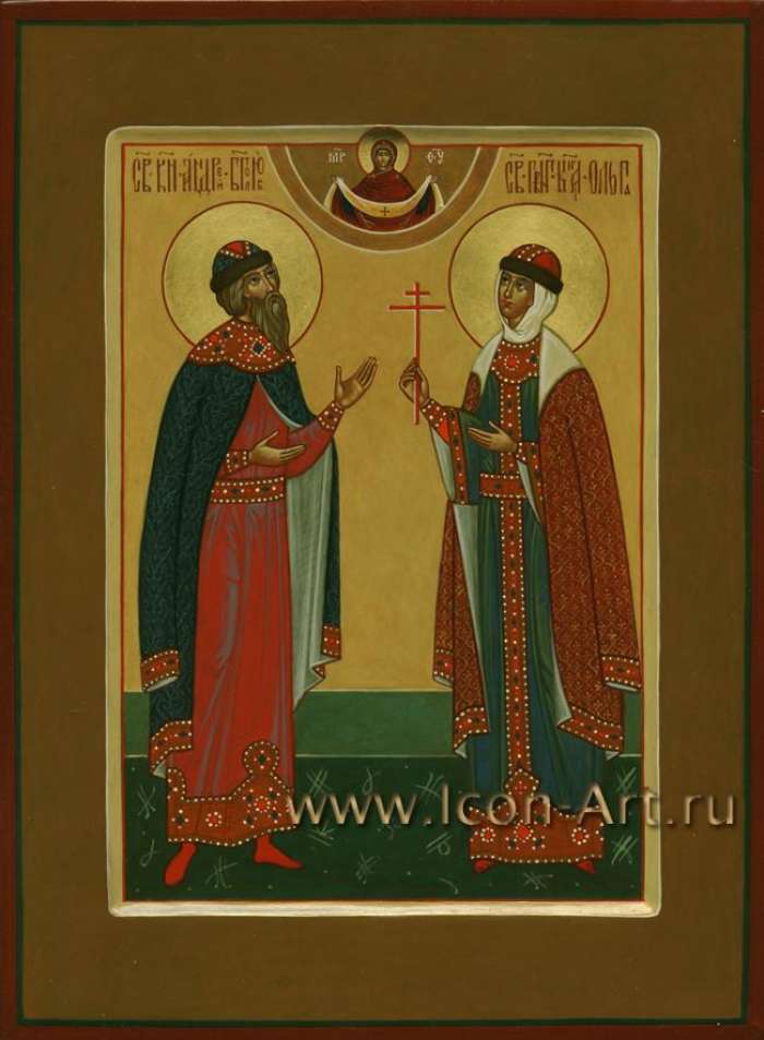 Фото: Семейная икона. Святой великий князь Андрей Боголюбский и святая равноап. княгиня Ольга. Сверху Покров Пресвятой Богородицы