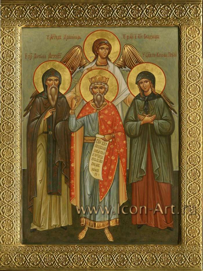 Фото: Семейная икона. Святой игумен Антоний Леохновский,  святой равноапостольный великий князь Владимир, святая блаженная Ксения Петербургская и святой Анегел Хранитель