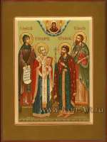 Семейная икона. На ней изображенны: святая прп. Анфиса, святой Николай чуд., святой кн. Роман, святой мч. Инна. Сверху Покров Пресвятой Богородицы.