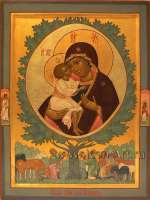 Икона Пресвятой Богородицы «Жировицкая». На полях иконы святой Ангел Хранитель и святая мц. Вера.