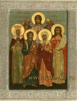 Семейная икона на которой изображены: святой Ангел Хранитель, святой Андрей Первозванный, святая царица Александра, святая мц. Ирина, святая мц. Артемия