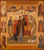 Сретение Господне. На полях иконы: святой Ангел Хранитель, святая великомуч. Екатерина, святой Алексий Митрополит Московский, святая мученица Наталия, святая новомуч. Елисавета Феодоровна