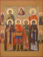 Семейная икона. Святой Иоанн Сирийский, святой Олег Брянский, святой Димитрий Солунский, святой мученик Инна, святой Игорь Черниговский, святая Ирина Коринфская и образ Пресвятой Богородицы «Почаевская»