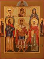 Семейная икона. Господь Вседержитель. Образ Пресвятой Богородицы «Казанская». Святые: Иоанна Мироносица, мученик Тимофей Палестинский, мученица Христина Кесарейская, Наталия Никомидийская и князь Александр Невский, преподобные Петр и Феврон