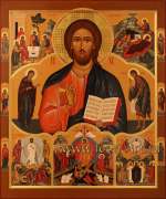 Домашний иконостас. Деисус. Господу Вседержителю предстоят Пресвятая Богородица и Иоанн Предтеча. Двунадесятые праздники. На полях святые: Ангел Хранитель, князь Владимир, Сергий Радонежский, Фотиния Палестинская, Иоанна Мироносица, Иоанн Б