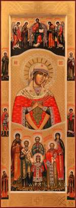 Семейная икона. Деисус. Образ Пресвятой Семистрельная, семейные святые: Царевич Димитрий Угльческий, Димитрий Плышевский, Анатолий Пичерский, Елисбар Касанский, Апостол Артема, Иулия Анкирская. На полях иконы избранные святые.