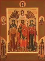 Семейная икона. Спас Нерукотворный, святые: Ангел Хранитель, мученица Калерия Кесарийская, мученик Валерий Мелитинский, мученица Наталия Никомидийская. На полях Святитель Николай, преподобный Сергий Радонежский, Петр и Феврония Муромские