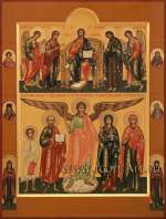 Семейная икона. Деисус, святые: прав. Артемий Веркольский, апостол Павел, Ангел Хранитель, прп. Мария Магдалина, мц. Анастасия Узорешительница. На полях: вмч. Пантелеймон, прп. Сергий Радонежский, прп. Амвросий Оптин., прп. Серафим Сар., Пе