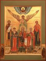 Семейная икона. Покров Божией Матери, Святые: Ангел Хранитель, прп. Константин Синадский, прав. София Слуцкая, прп. Георгий Хозевит, мц. Лидия Иллирийская, проматерь Ева