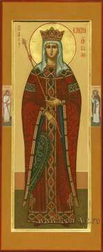 Мерная икона. Святая прп. Елена Сербская, королева. На полях иконы: святой Ангел Хранитель и святой прп. Серафим Саровский