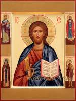 Икона Спасителя с избранными святыми: свт. Николай Чудотворец, бл.кн. Игорь Черниговский, прп. Амвросий Оптинский, прп. Мария Египтеская 