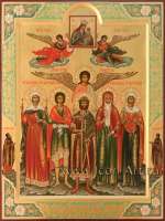 Семейная икона: Писидийская икона Божией Матери, святые: мц. Ирина, мц. Александр Римский, благ. кн. Борис, прпмц. Елисавета, мц. Виктория