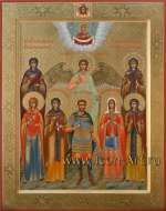 Семейная икона: Покров Пресвятой Богородицы и святые: прп. Кира Берийская, Ангел Хранитель, прп. Мария Радонежская, мц. Галина Коринфская, прпмц. Василисса Египетская, мч. Иоанн Воин, вмц. Варвара, прп. Ирина Капподокийская  
