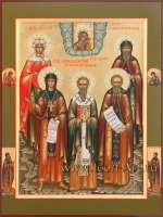 Семейная икона: Казанская икона Богородицы и святые: мц. Дария Римская, прп. Елизавета Константинопольская, свт. Григорий Антиохийский. прп. Георгий, прп. Антоний Марткопский