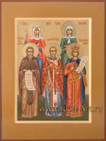 Семейная икона. Святые: мц. Ирина Аквилейская, блаж. Ксения Петербуржская, прп. Феодор Начертанный, свт. Кирилл Гортинский, вмц. Екатерина