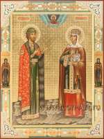 Семейная икона. Покров Пресвятой Богородицы и святые: благ. кн. Борис и св. царица Тамара Грузинская, на полях св. Петр и Феврония Муромские