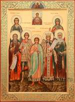 Семейная икона. Пресвятая Богородица «Знамение», святые: пр. Глафира, мц. Татиана, прп. Сергий, мч. Георгий, Ангел Хранитель, вмц. Екатерина, вмц. Анастасия