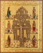 Икона с врезным крестом. Распятие с избранными святыми: св. Иоанн Предтеча, святитель Харлампий, святитель Власий Севастийский, мч. Иоанн Воин, прп. Сергий Радонежский , прп. Стилиан Пафлогонянин