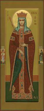 Святая королева Елена Сербская. На полях иконы святой Ангел Хранитель и святой Силуан Афонский.