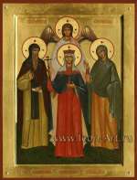 Семейная икона. Святой преподобный Сергий Валаамский, святая равноапостальная царица Елена Константинопольская, святая мученица Наталия Никомедийская и Ангел Хранитель