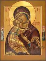 Икона Пресвятой Богородицы «Владимирская». На полях иконы святой Ангел Хранитель и святой патриарх Павел Новый.