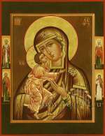Икона Пресвятой Богородицы «Феодоровская». На полях иконы: святой Николая чудотворец, святая Ирина Египетская, святой Евгений Мелитинский, святая мц. Вера.