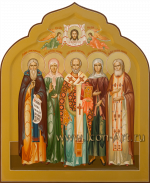 Семейная икона: прп. Сергий Радонежский, блаж. Матрона Московская, святитель Николай Чудотворец, блаж. Ксения Петербуржская, прп. Серафим Саровский 