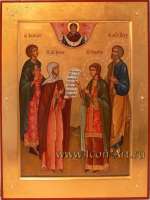 Семейная икона. Святой Анатолий, святая мц. Ирина Коринфская, святая Пелагея и святой апостол Петр. Сверху Покров Пресвятой Богородицы