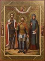 Семейная икона: свт. бл. кн. Александр Неский, мч. Иоанн Воин, прп, Мария Радонежская