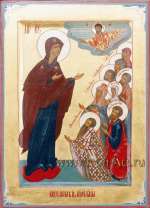 Образ Пресвятой Богородицы Боголюбская с предстоящими святыми покровителями семьи и благословляющим Господом Вседержителем. В молении предстоят: свт. Василий Великий, св. мч. Александр Африканский, св. равноап. Ольга, св. Муза Римляныня, от