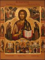 Спаситель, Пресвятая Богородица, Иоанн Предтеча, святой праведный Иаким, святой Иосиф Волоцкий, святая праведная Анна, Святой Сергий Радонежский, святой Савва Освященный. Образ Святой Троицы, Рождество Христово, Прображение, Воскресение, Во