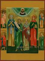 Семейная икона. Святая праведная Лия, святой ап. Андрей Первозванный, святой Николай Чудотворец, святая Зинаида Тарсийская. На полях иконы: святой Ангел Хранитель, святой Спиридон Тримифунтский, святой Вячеслав Чешский и святая Матрона Моск