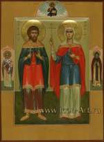 Святой Евгений Мелитинский и святая Людмила Чешская. На полях иконы: святой Николай Чудотворец и святой Герасим Иорданский.