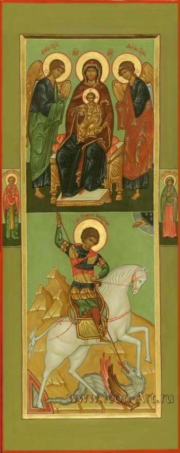 Мерная икона. Кипрская икона Пресвятой Богородицы (праздновалась в день рождения мальчика Георгия) и Чудо святого Георгия о змие. На полях иконы святые покровители родителей Георгия: святой свщмч. Андрей Ефесский пресвитер и святая мч. Ника