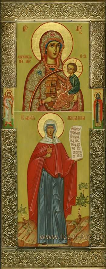 Святая равноапостольная мироносица Мария Магдалина. Молченская икона Пресвятой Богородицы. На полях иконы святой Ангел Хранитель и святая Елисавета чудотворица