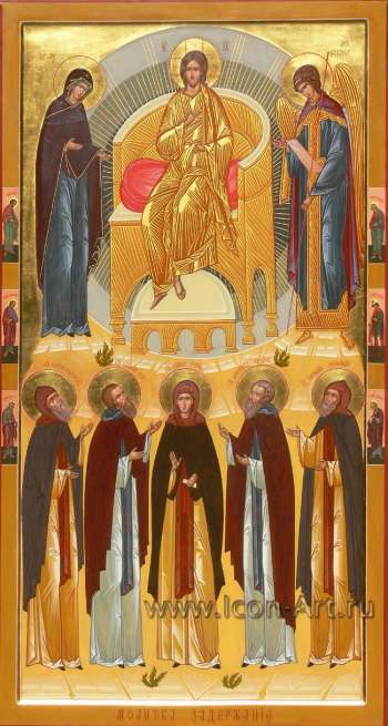 Семейная икона: Святой Еллий Египетский, святой Поплий Сирийский, святая Пиама Александрийская, святой Лаврентий Калужский, святой Василий Печерский. Пресвятая Богородица, Господь Вседержитель и святой Арх. Михаил