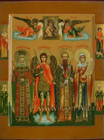 Семейная икона. Святая равноап. Елена, святой Архангел Михаил, святой Василий Великий и святая Дария Римская
