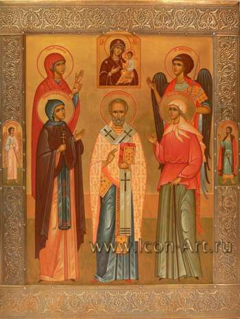 Семейная икона. Святая мц. Наталия, святая блгв. княгиня Анна Кашинская, святой Николай Чудотворец, святой Архангел Михаил, святая Ксения Петербургская. На полях икны святой Ангел Хранитель и святой блгв. князь Владимир. Сверху Тихвинская и