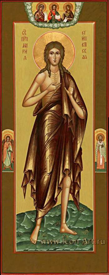 Святая прп. Мария Египетская. на полях иконы: святой Ангел Хранитель, святой Николай Чудотворец. Сверху Госпадь Вседержитель, Пресвятая Богородица и святой пророк Иоанн Предтеча.