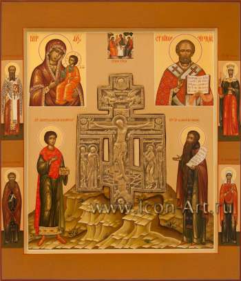 Семейная икона с Крестом Господним. Икона Пресвятой Богородицы «Смоленская», святой Николай Чудотворец, Святая Троица, святой Пантелеимон, святой Паисий Великий