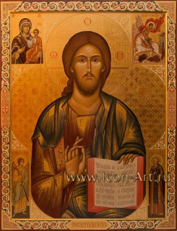 Икона Иисуса Христа Вседержителя. Образ Пресвятой Богородица «Смоленская», святой Георгий Победоносец, святой Ангел Хранитель и святой праведный Иосиф Волоцкий