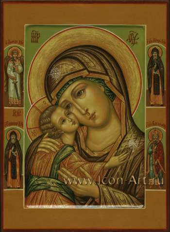 Икона Пресвятой Богородицы «Игоревская». На полях иконы: святой Ангел Хранитель, святой вел. князь Игорь Олегович Черниговский и Киевский, святой прп. Варлаам Хутынский, святой равноап. князь Владимир