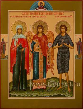 Святая Ксения Петербургская, святой Архангел Михаил, святая Фотиния Палестинская. Сверху Покров Богородицы