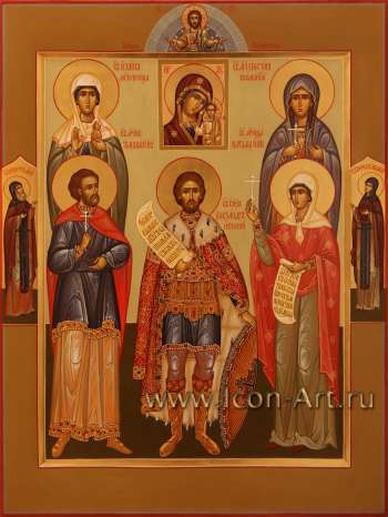 Семейная икона. Господь Вседержитель. Образ Пресвятой Богородицы «Казанская». Святые: Иоанна Мироносица, мученик Тимофей Палестинский, мученица Христина Кесарейская, Наталия Никомидийская и князь Александр Невский, преподобные Петр и Феврон