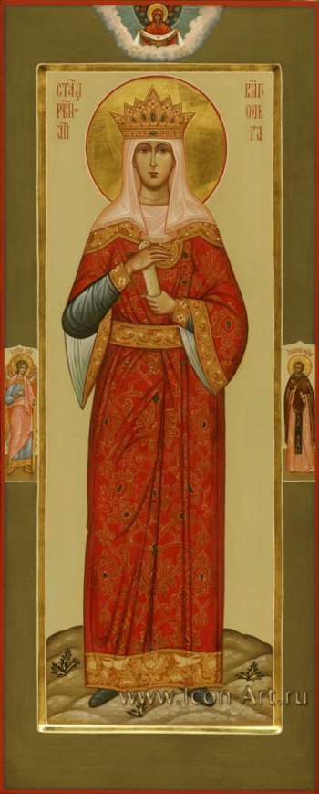 Святая равноап. вел. княгиня Российская Ольга. На полях иконы: святой Ангел Хранитель и святой прп. Сергий Радонежский. Сверху Покров Пресвятой Богородицы