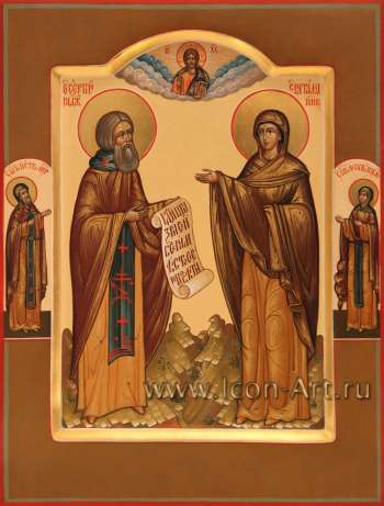 Святой преподобный Сергий Радонежский и святая Наталия Никомидийская на полях иконы святые покровители: Петр и Феврония Муромские